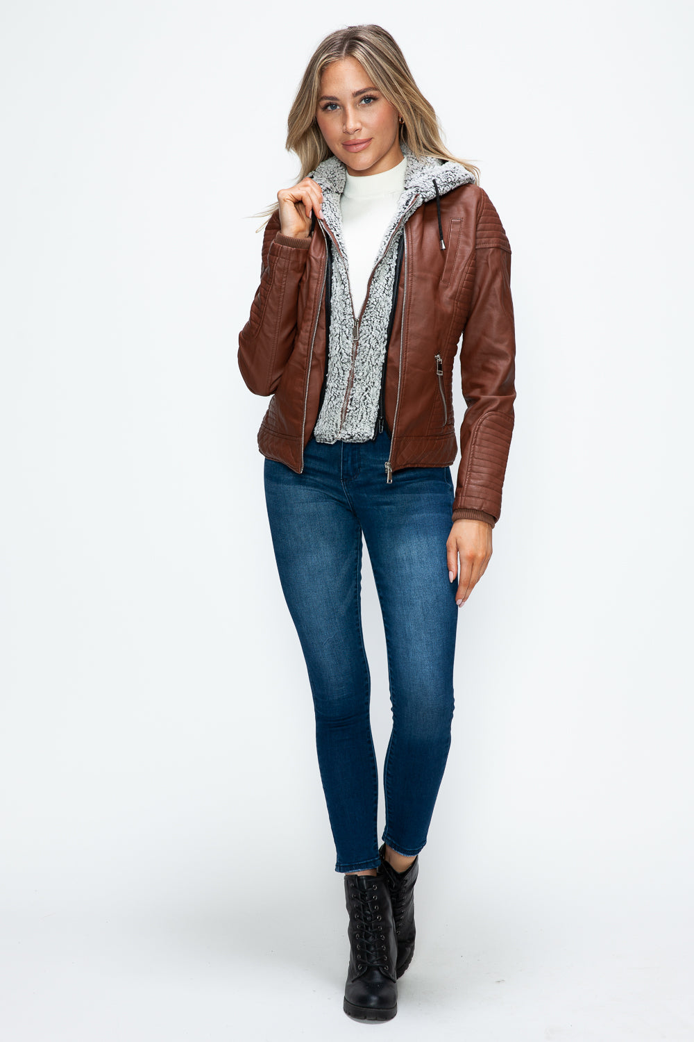 YMI Fuzzy Feels Faux Layered Double-Zipper Jacket with Fuzzy Hood in Brandy