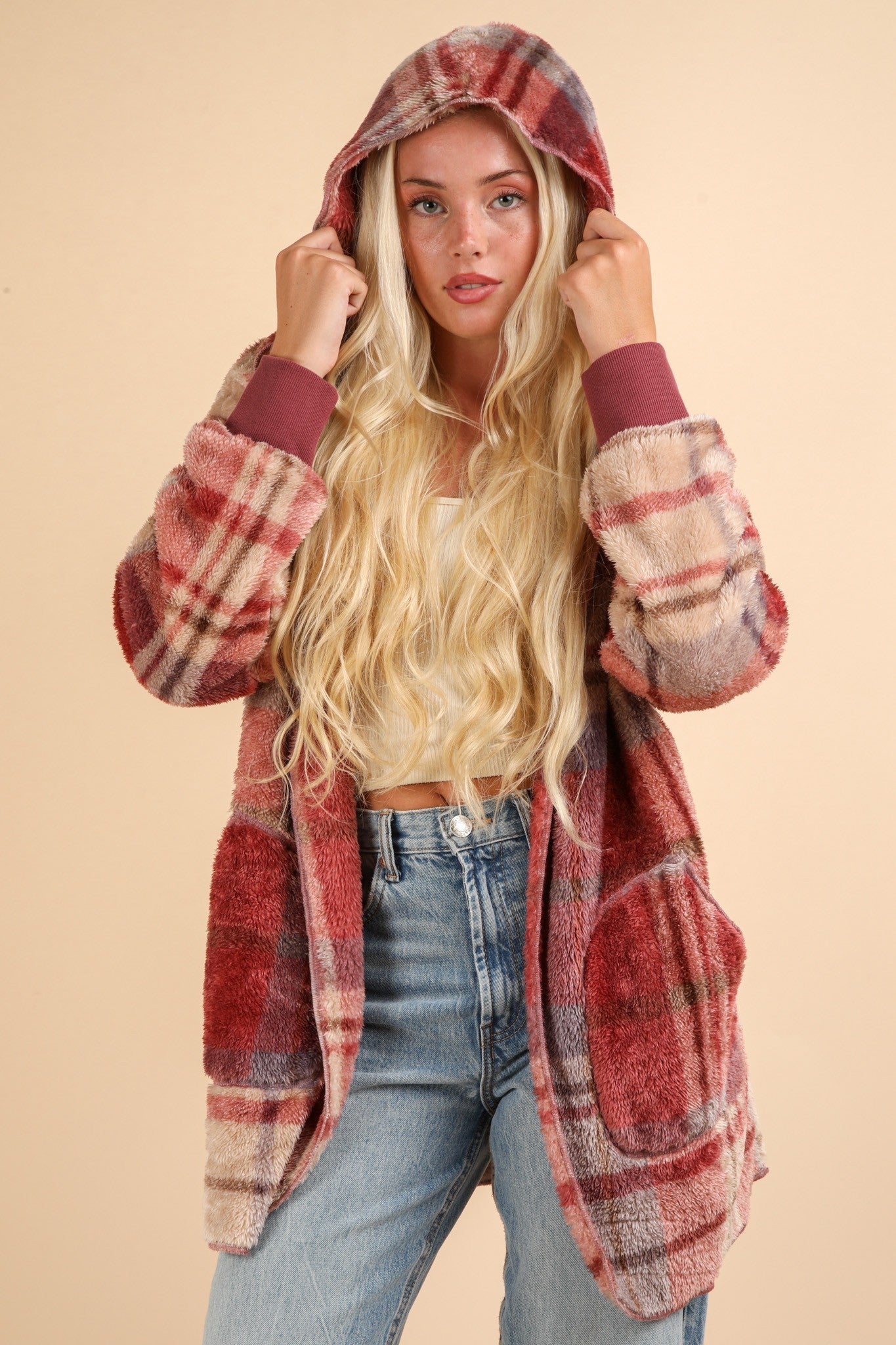 VERY J Where We Goin' Long Sleeve Hooded Jacket in Fuzzy Plaid