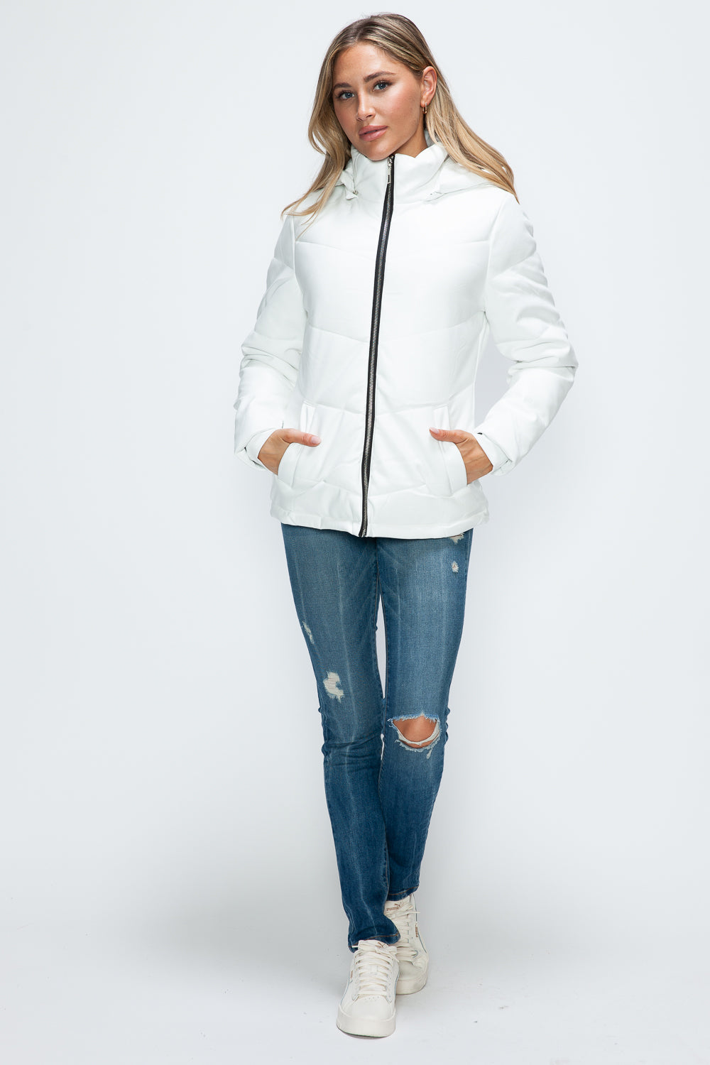 How Dare U Embrace The Chill Pocketed Zip Up Puffer Jacket with Removable Hood in White