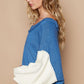 POL A Little Edge Exposed Seam Contrast V-Neck Lantern Sleeve Sweater in Royal Blue