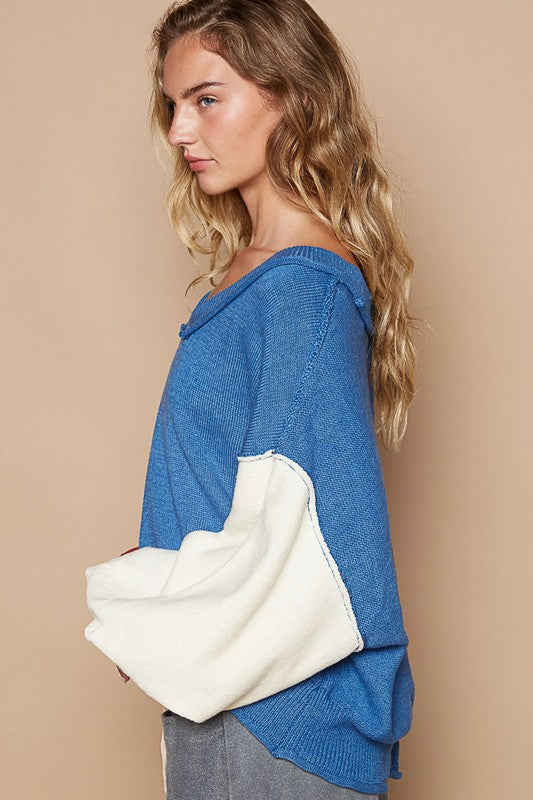 POL A Little Edge Exposed Seam Contrast V-Neck Lantern Sleeve Sweater in Royal Blue