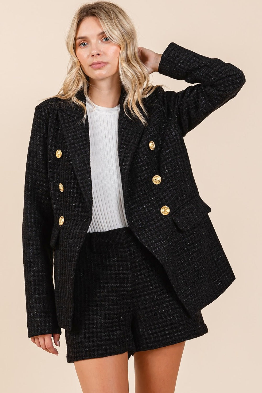 Mittoshop Dressed To Impress Plaid Texture Double-Breasted Long Sleeve Blazer