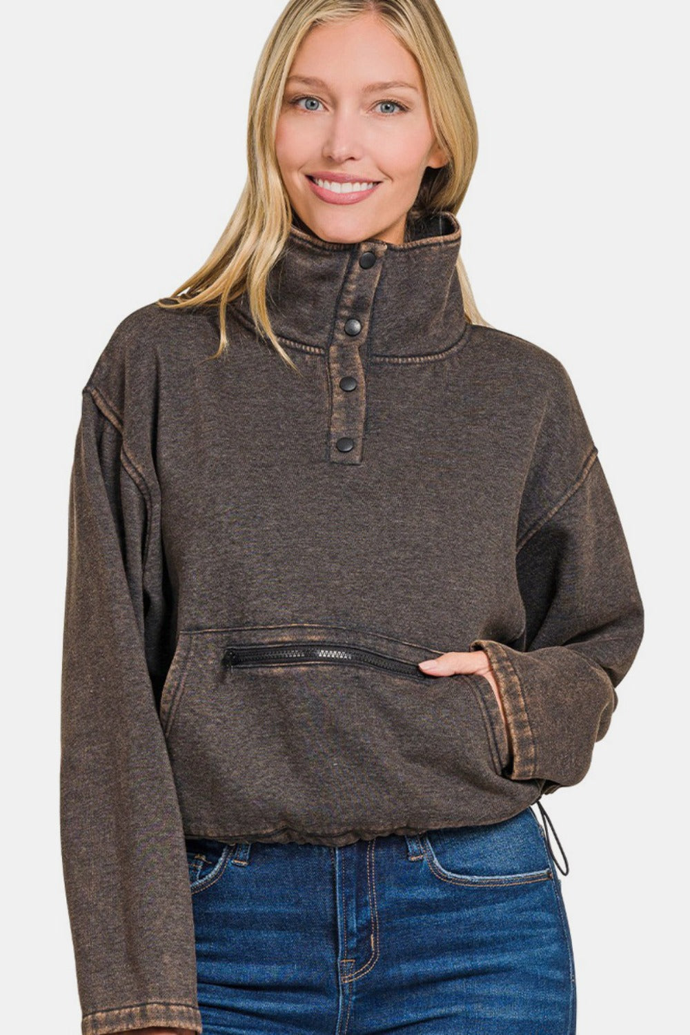 Zenana Cozy In The Cabin Acid Wash Fleece Half Snap Sweatshirt with Pocket in Ash Black