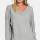 Zenana Breath of Fresh Air Ribbed V-Neck Drop Shoulder Top in Sleet