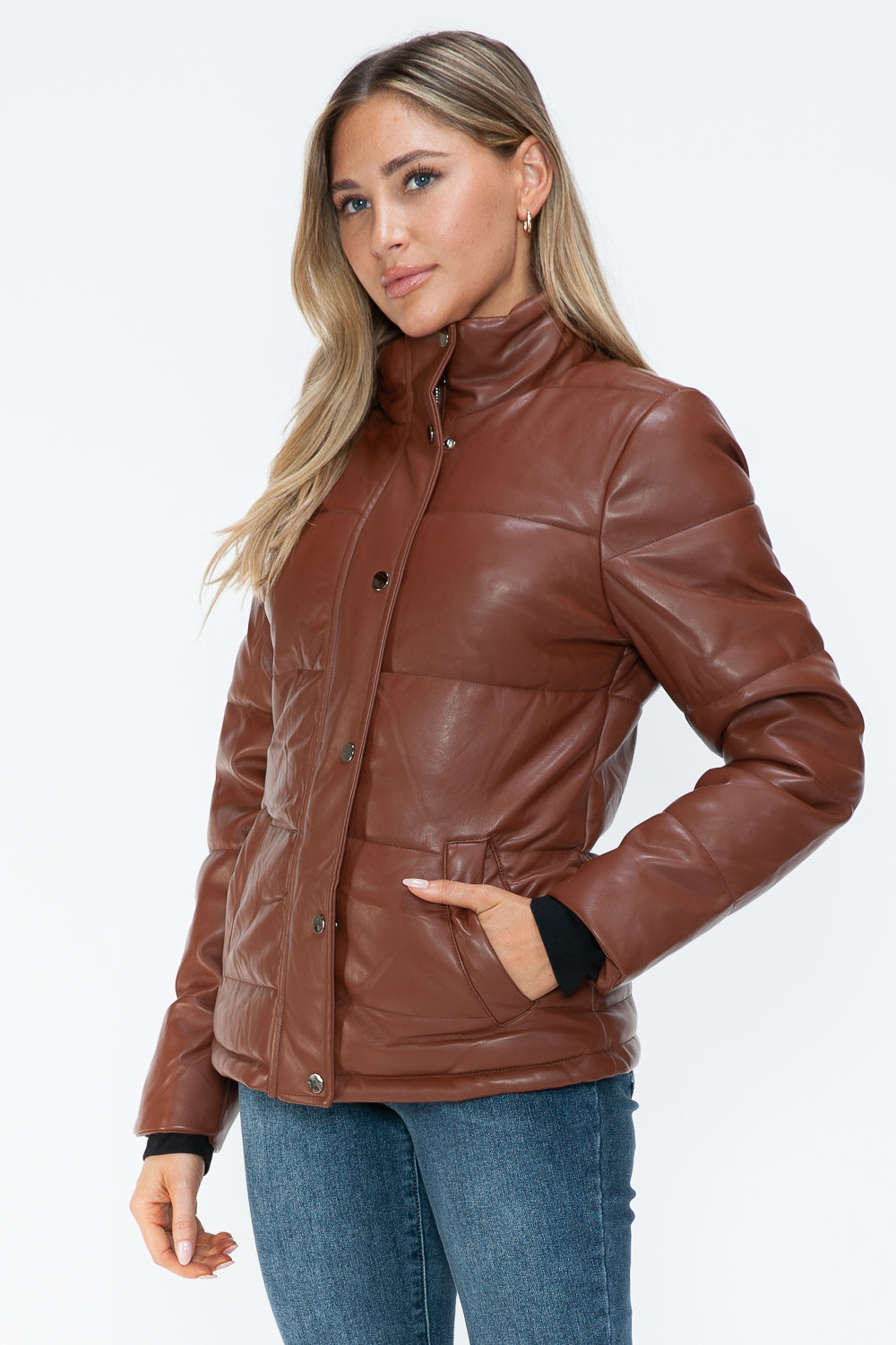 YMI Cozy Perfection Pocketed Zip Up Turtleneck Puffer Jacket in Brandy