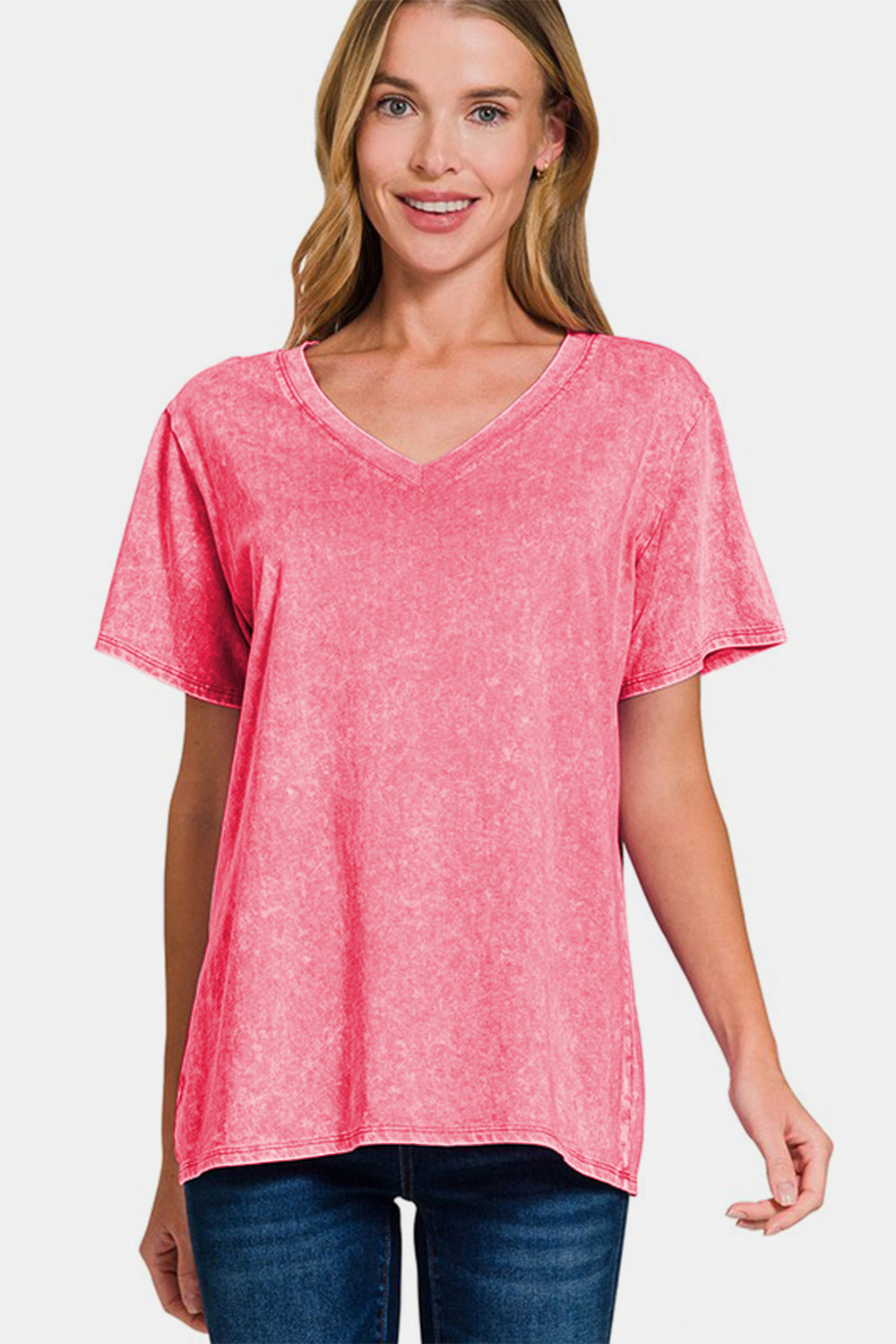 Zenana Cute in Strawberry Washed Short Sleeve V-Neck T-Shirt