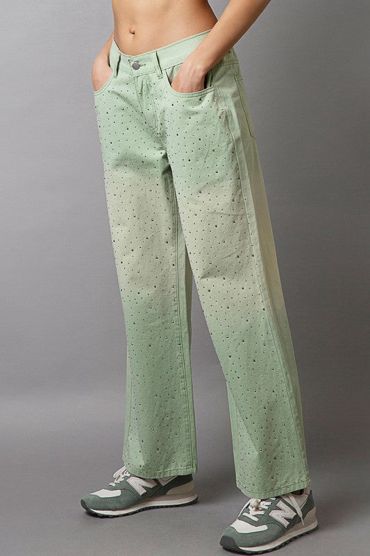 POL Autumn Embellishments Gradient Wide Leg Pants in Light Green