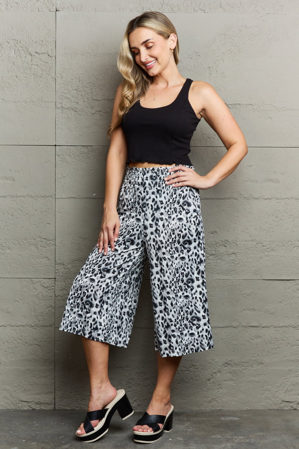 Ninexis Mix It Up High Waist Flowy Wide Leg Pants with Pockets In Grey Leopard