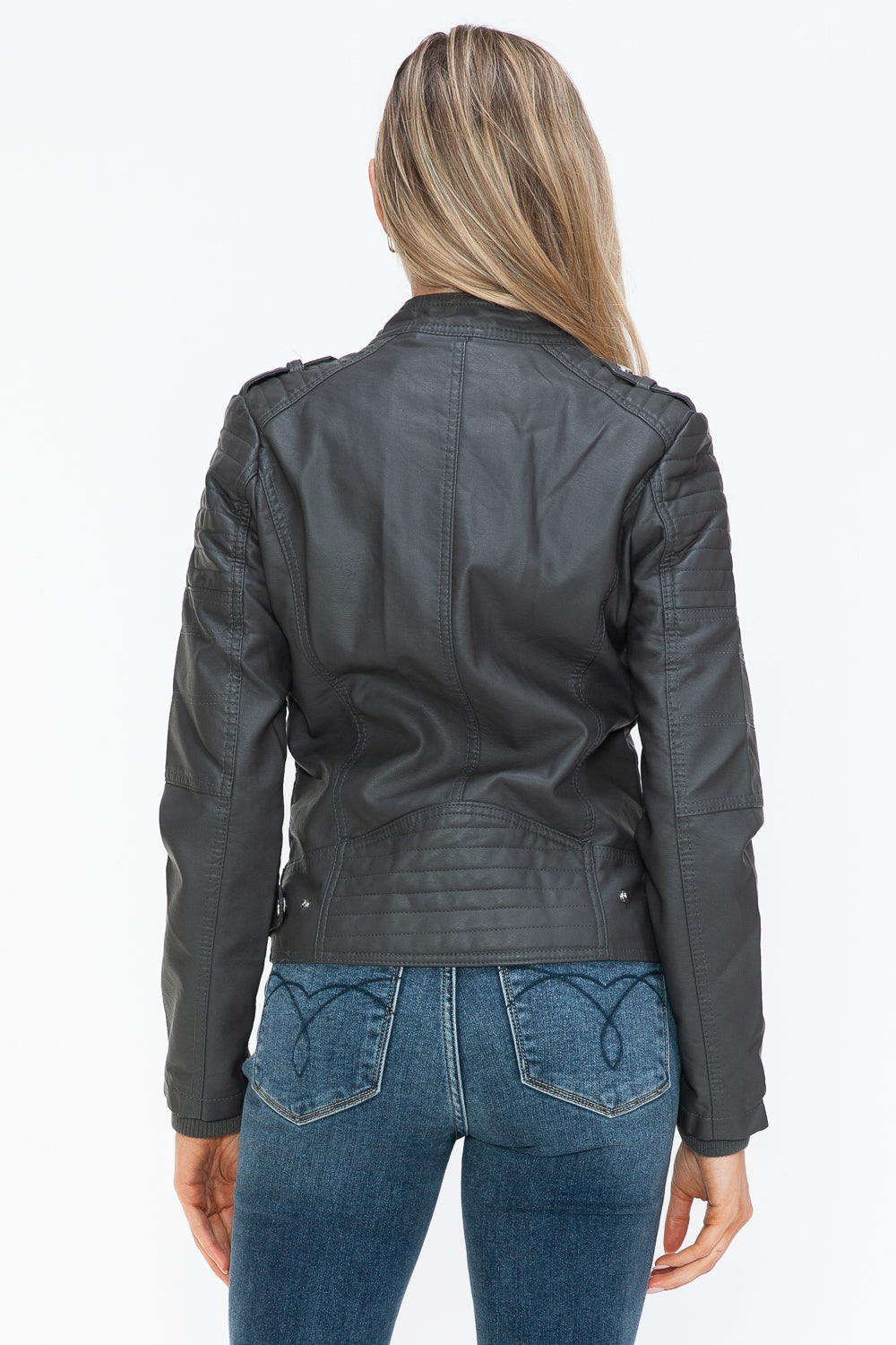 Snobbish Born To Ride PU Leather Biker Jacket with Side Zip Pockets in Charcoal