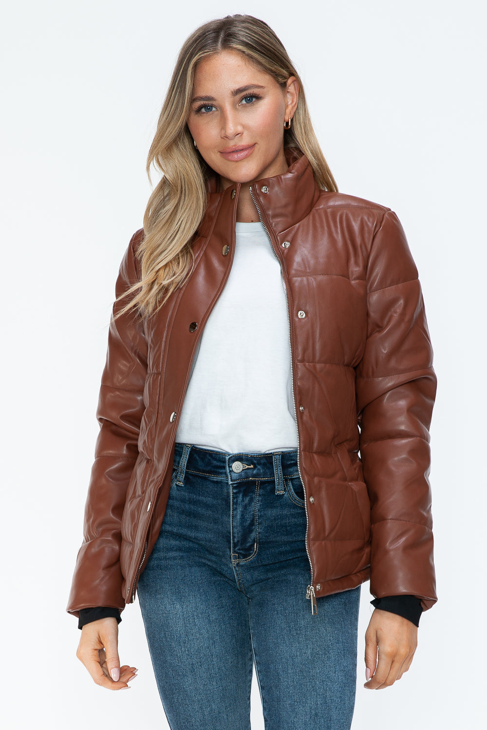 YMI Cozy Perfection Pocketed Zip Up Turtleneck Puffer Jacket in Brandy