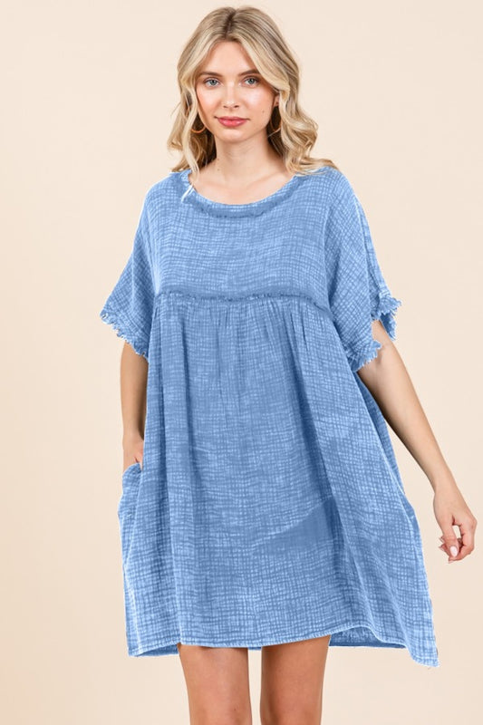 Culture Code Relaxed Babydoll Short Sleeve Babydoll Texture Dress with Pockets in New Dusty Blue