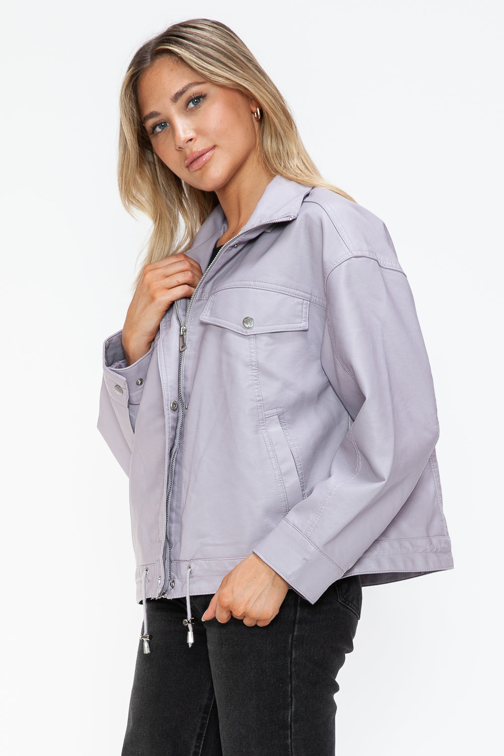 How Dare U My Favorite Layer Drawstring Hem PU Leather Zip Up Jacket in Lilac
