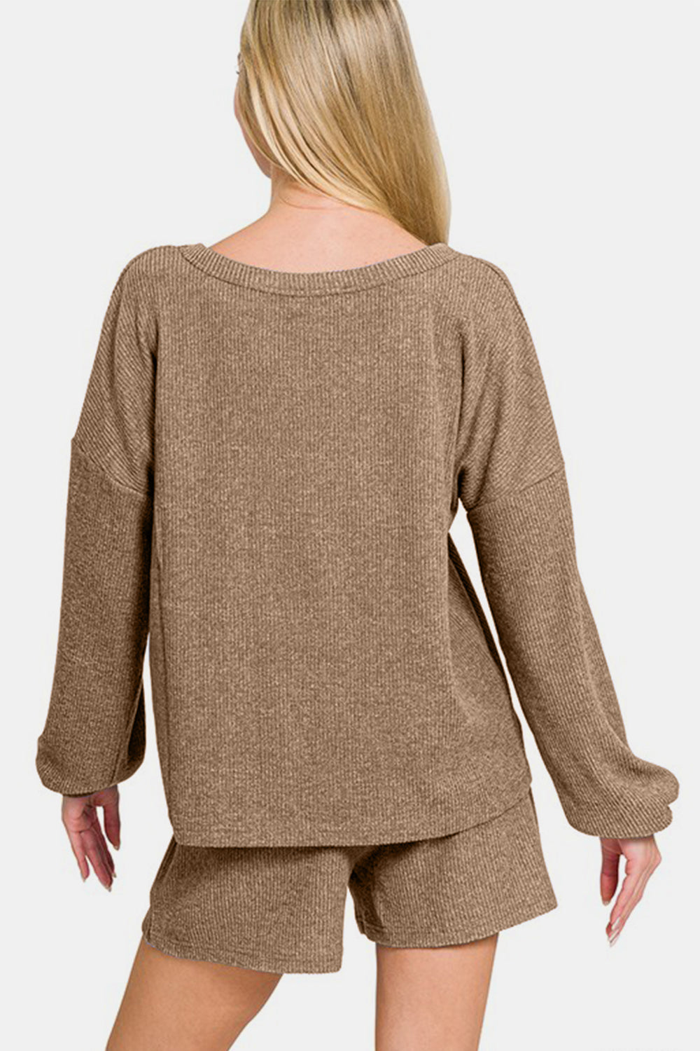 Zenana Collecting Moments V-Neck Long Sleeve Ribbed Top and Shorts Set in Camel