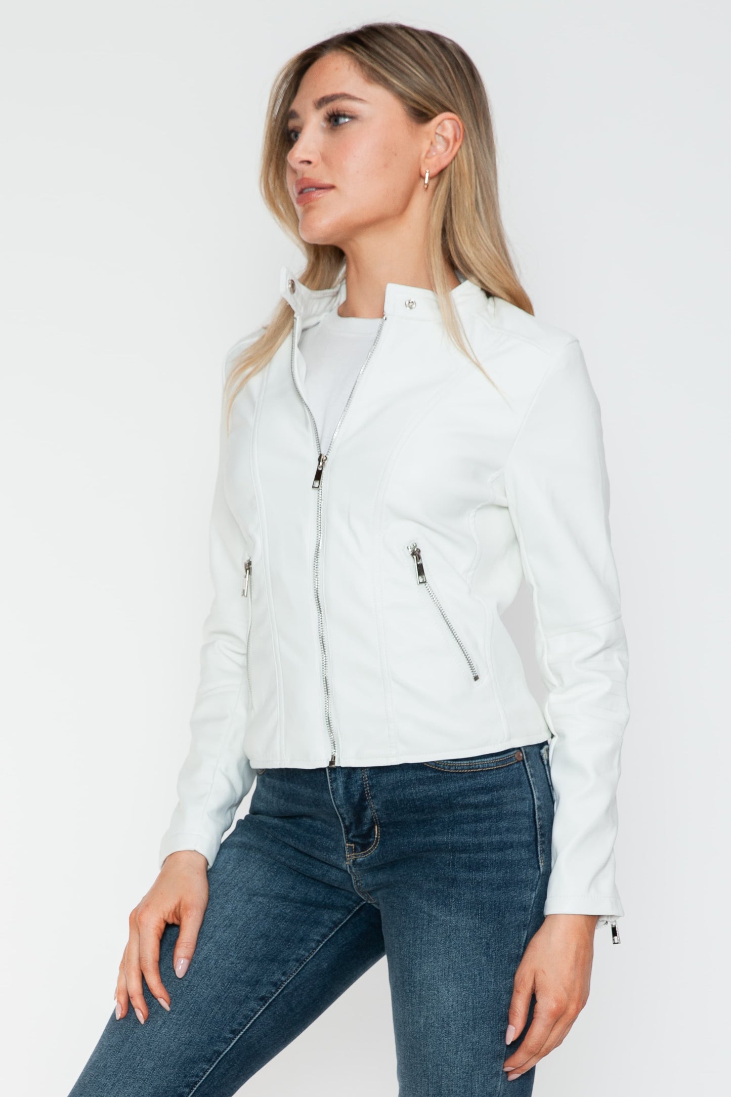 Snobbish Biker Babe PU Leather Zip Up Jacket with Pockets in White