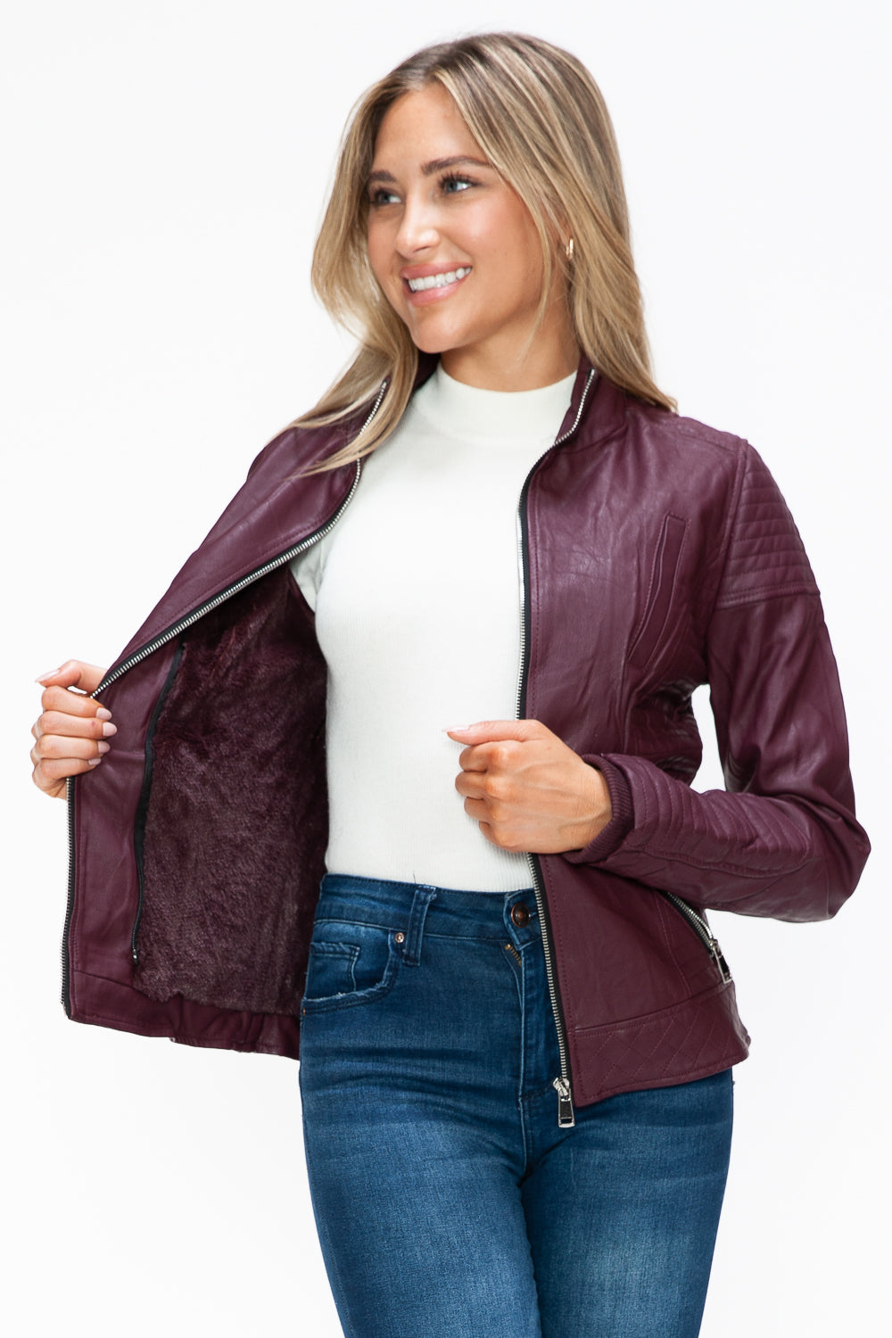 YMI Fuzzy Feels Faux Layered Double-Zipper Jacket with Fuzzy Hood in Wine