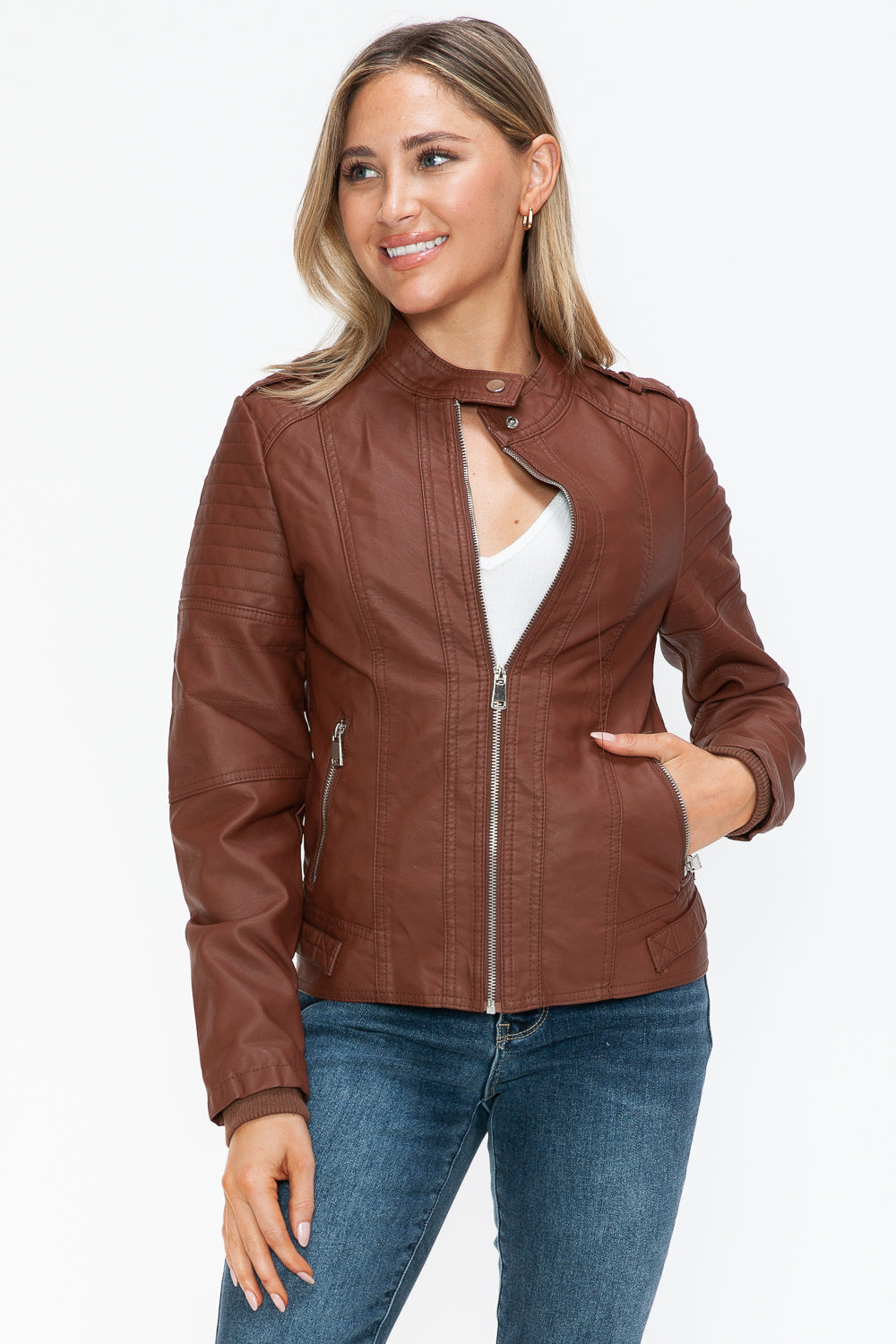 Snobbish Born To Ride PU Leather Biker Jacket with Side Zip Pockets in Brandy