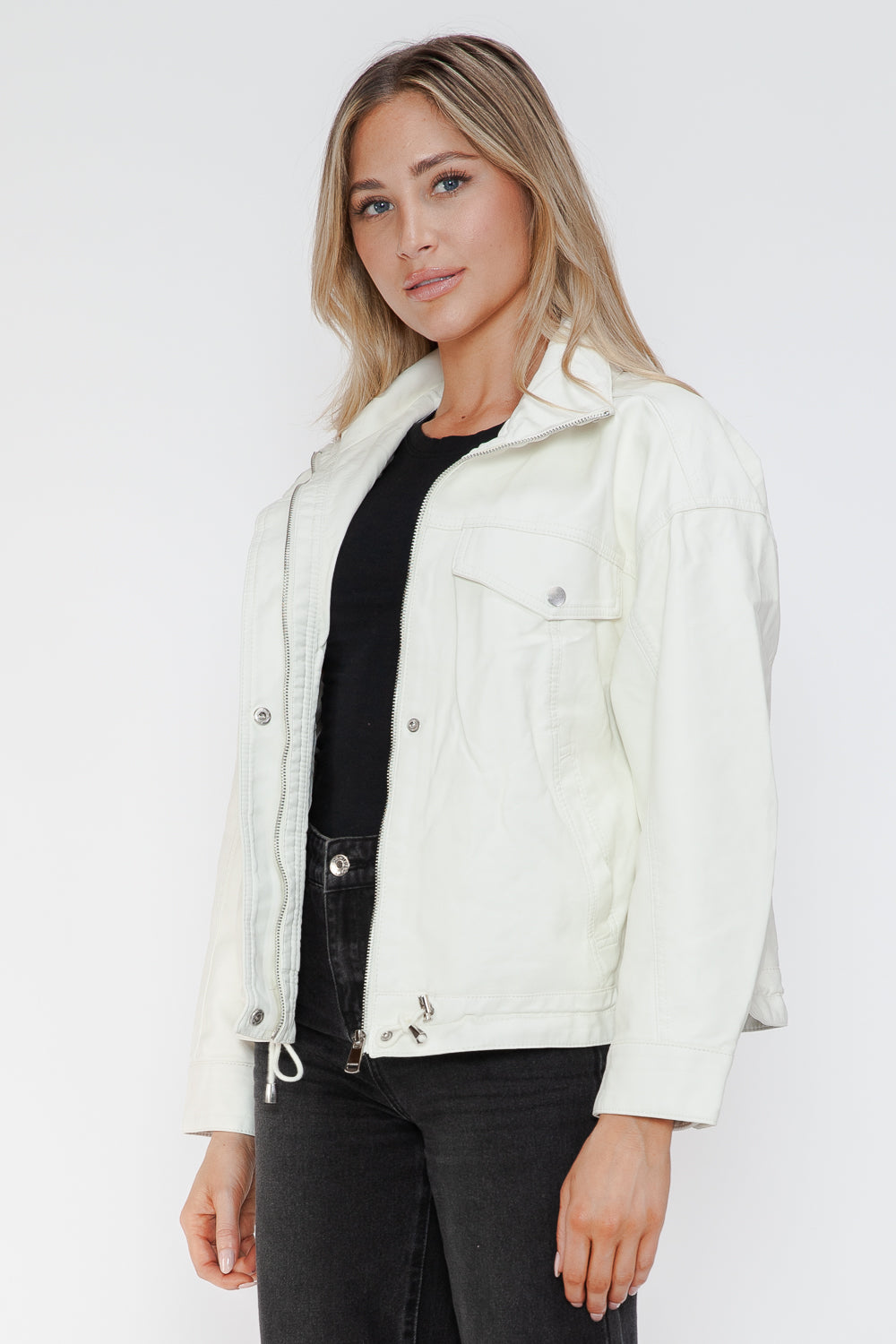 How Dare U My Favorite Layer Drawstring Hem PU Leather Zip Up Jacket in White