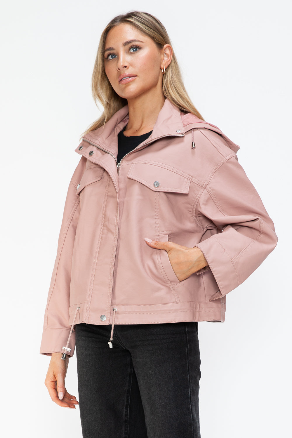 How Dare U My Favorite Layer Drawstring Hem PU Leather Zip Up Jacket in Mauve
