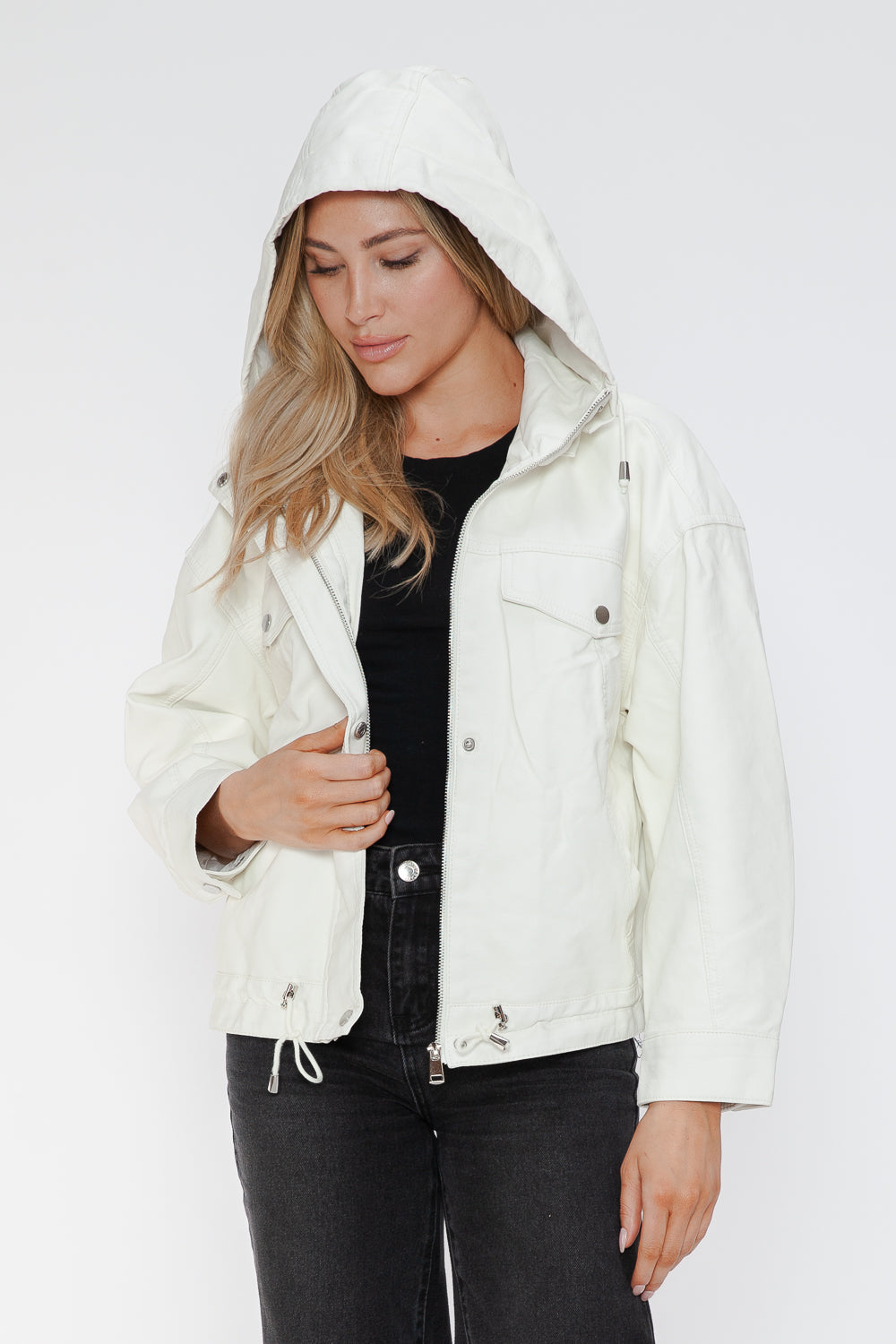 How Dare U My Favorite Layer Drawstring Hem PU Leather Zip Up Jacket in White