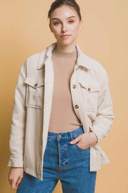 Love Tree Fall In Love Corduroy Button Up Jacket with Sherpa Inside in Cream