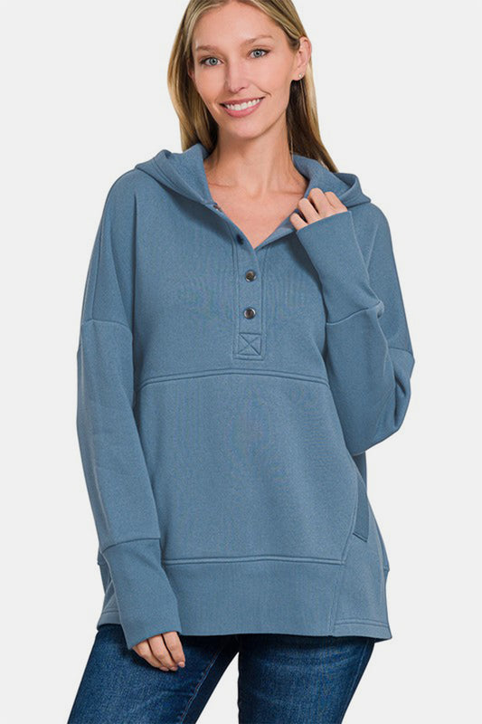 Zenana You Have My Heart Half Snap Long Sleeve Hoodie with Kangaroo Pocket in Dusty Blue