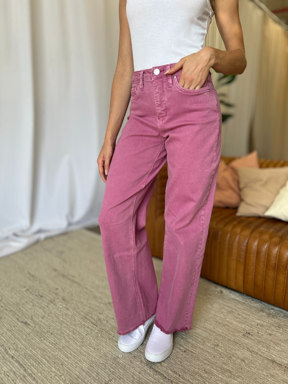 RFM Raelene High Rise Garment Dye Wide Leg Jeans in French Rose