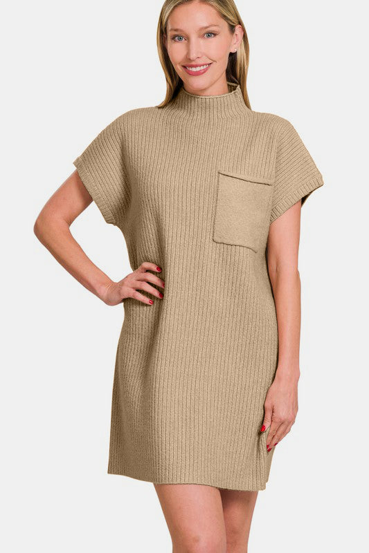 Zenana I'm Ready Short Sleeve Sweater Mini Dress in Camel