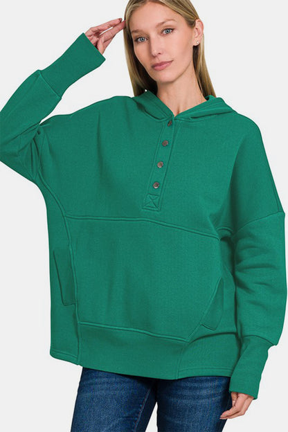 Zenana You Have My Heart Half Snap Long Sleeve Hoodie with Kangaroo Pocket in Dark Green