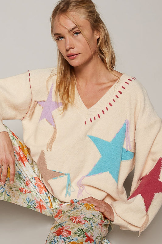 POL My Fall Fringe V-Neck Long Sleeve Star Fringe Sweater