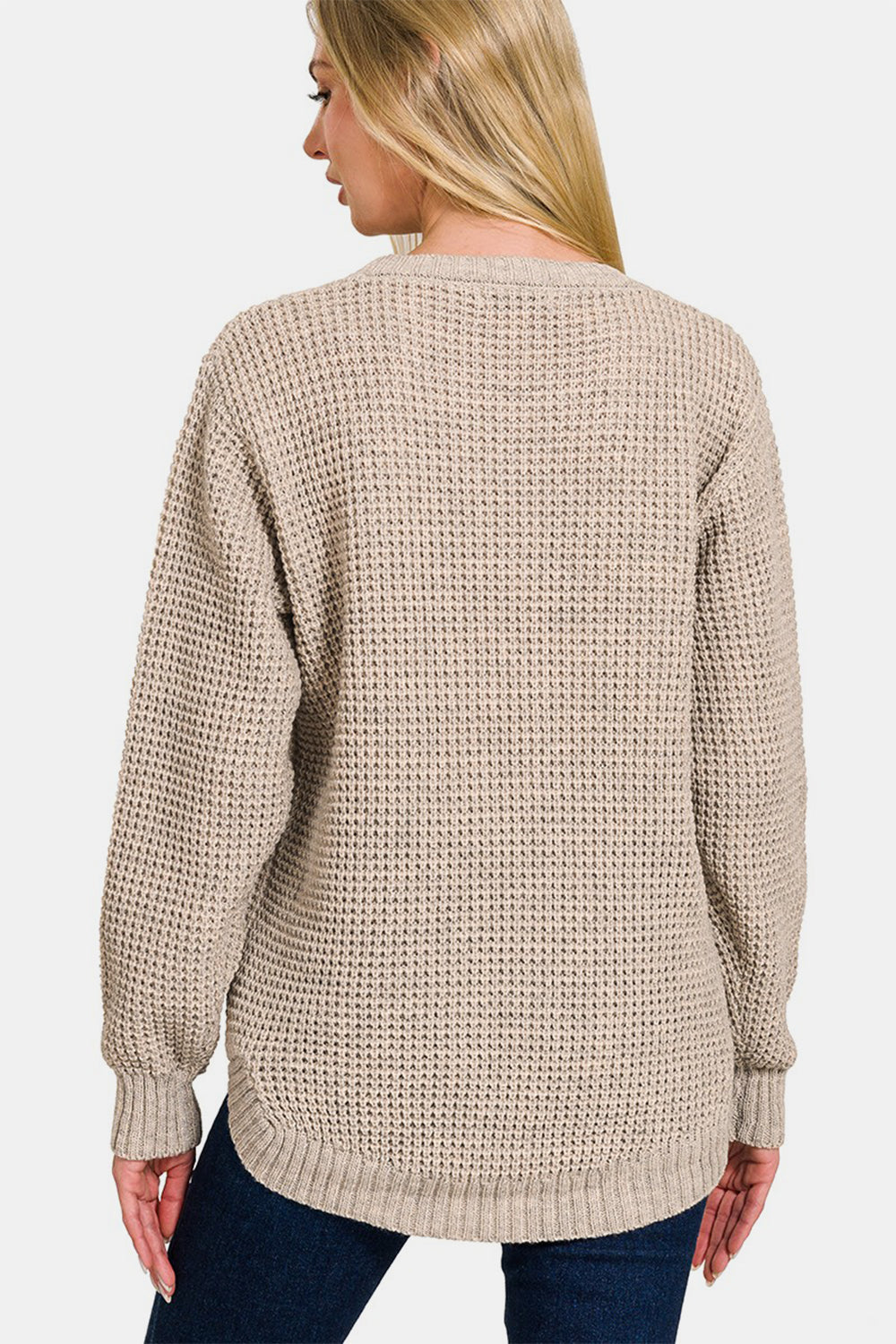 Zenana The World Is My Canvas High Low Long Sleeve Waffle Sweater in H Mocha