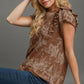 Umgee Nature Vibes Ruffled Landscape Print Short Sleeve French Terry Top in Brown