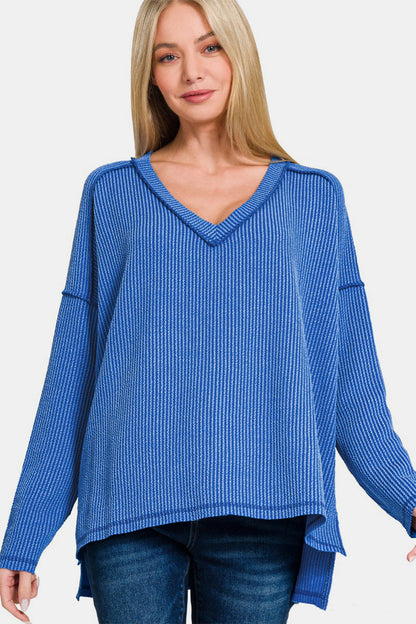 Zenana All About Details Texture Exposed Seam V-Neck Long Sleeve T-Shirt in Classic Blue