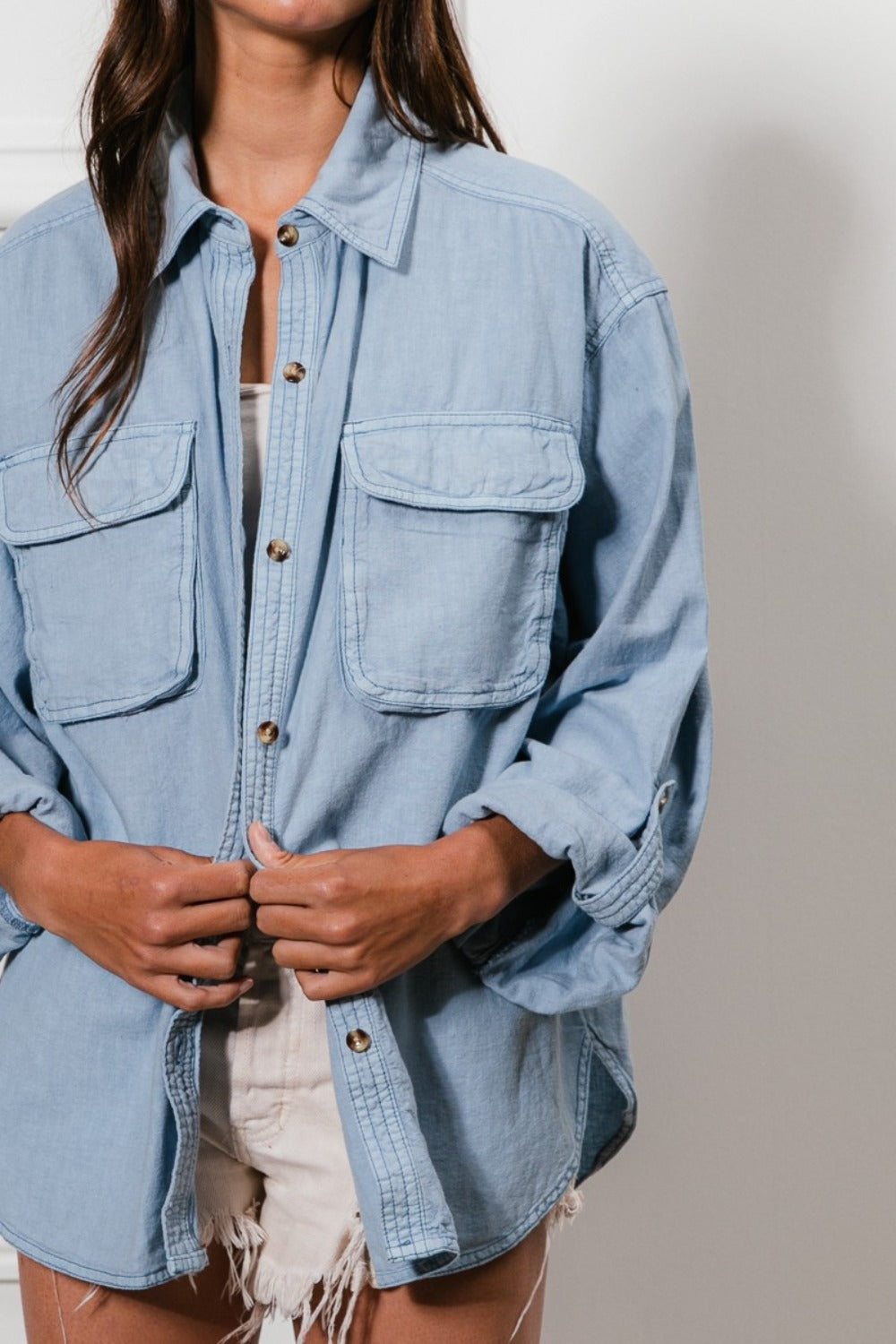 BiBi Stitched With Love Button Down Stitch Detail Shirt with Chest Pockets in Denim