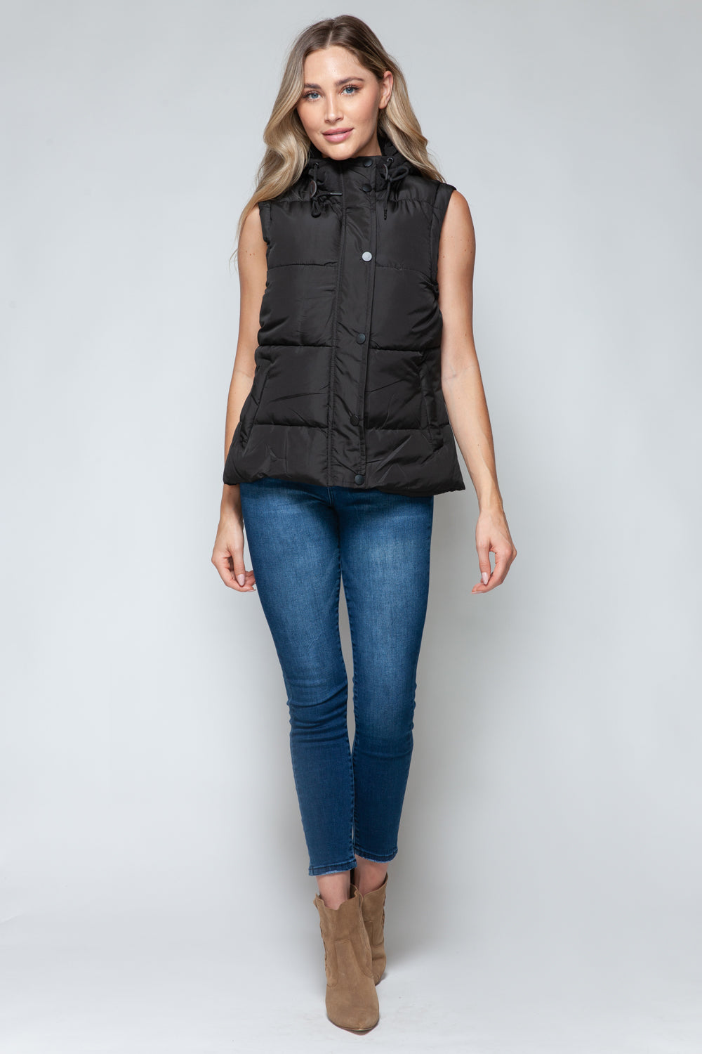 Snobbish Cute and Cozy Snap and Zip Closure Hooded Vest in Midnight/ Black