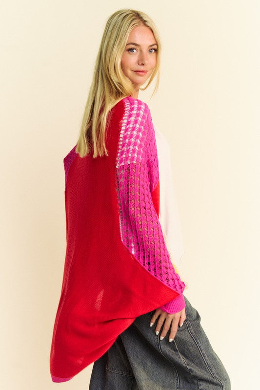 Davi & Dani Red Hot Openwork Contrast Open Front Cardigan