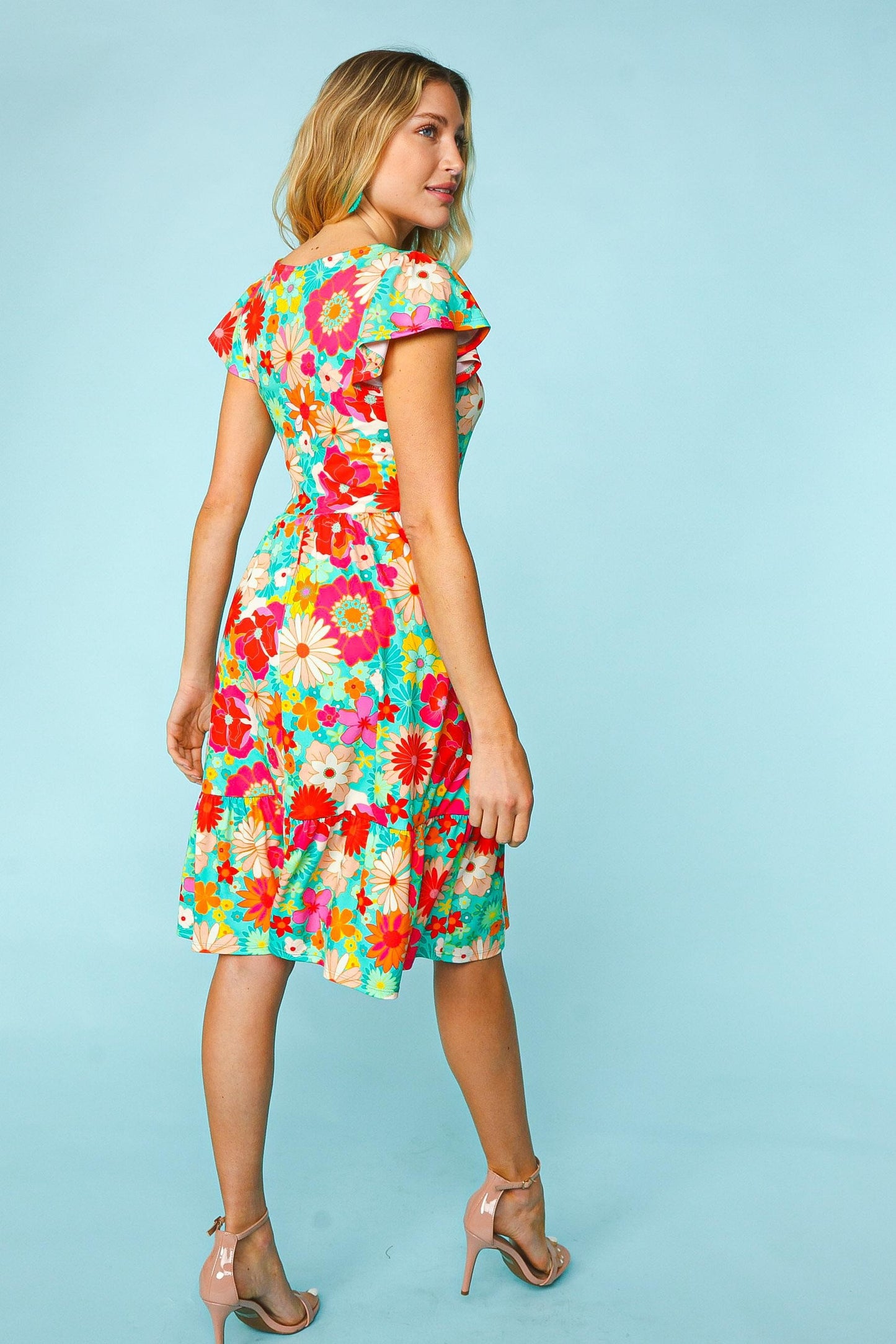 Haptics Minty Fresh Floral Square Neck Short Sleeve Dress with Pockets