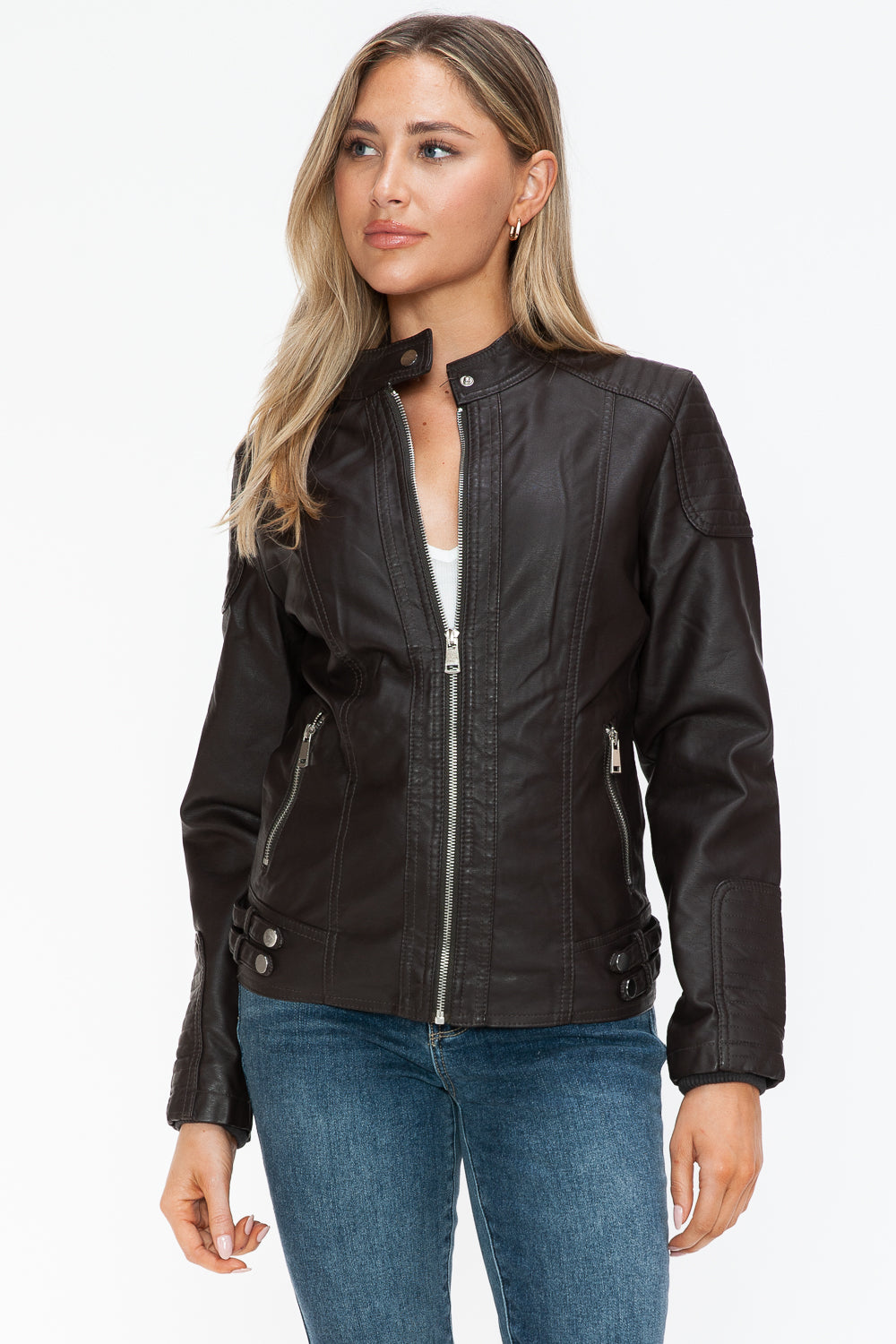 Snobbish A Wild Ride Faux Leather Biker Jacket with Side Zip Pockets in Chocolate