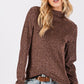 SAGE + FIG Add More Sparkle Glitter Mock Neck Lettuce Hem Long Sleeve Top in Brown