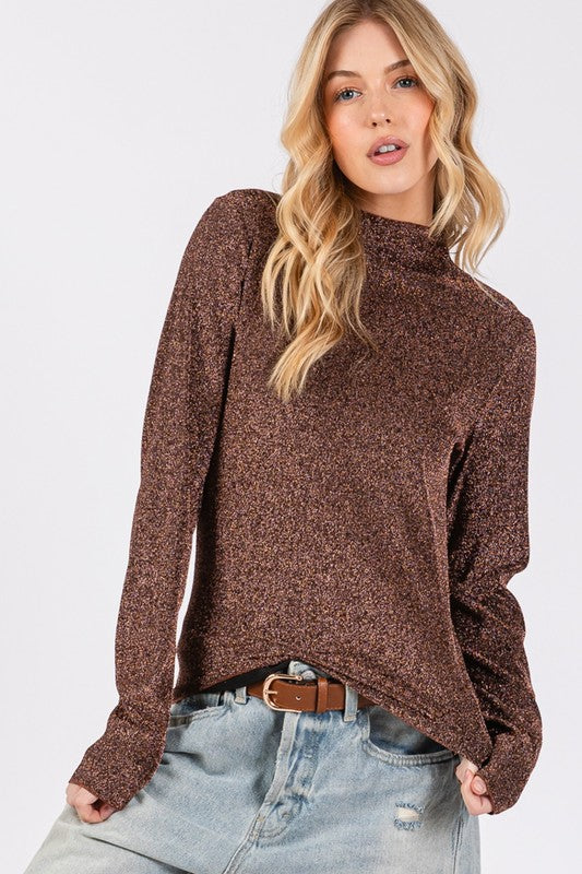 SAGE + FIG Add More Sparkle Glitter Mock Neck Lettuce Hem Long Sleeve Top in Brown