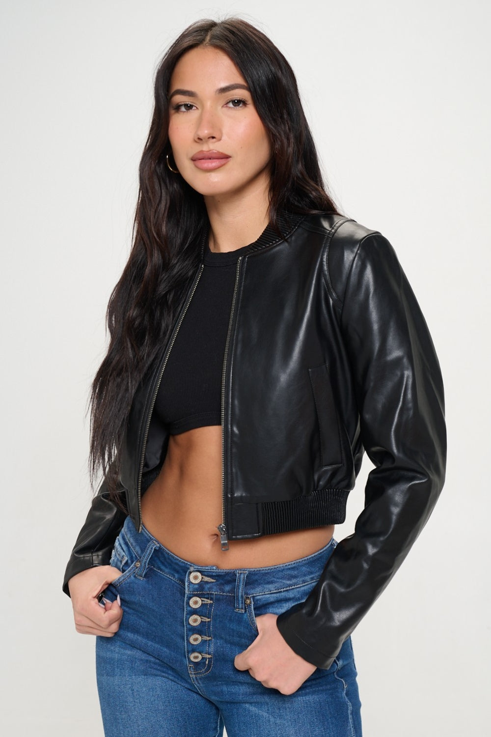 Coalition LA My Go To Bomber Zip Up Cropped Bomber Jacket in Black