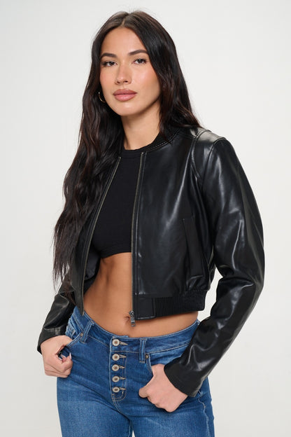 Coalition LA My Go To Bomber Zip Up Cropped Bomber Jacket in Black