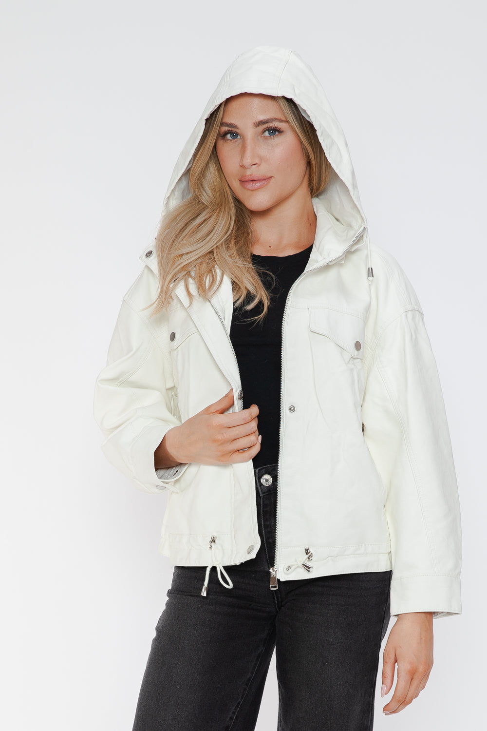 How Dare U My Favorite Layer Drawstring Hem PU Leather Zip Up Jacket in White
