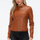 Snobbish Embrace The Day Faux Leather Zip Up Drawstring Hooded Jacket in Camel