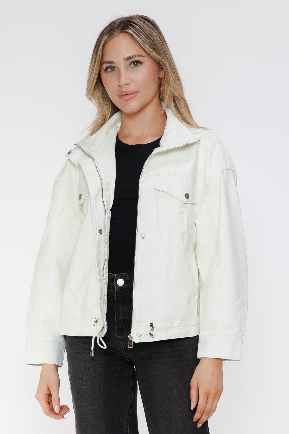 How Dare U My Favorite Layer Drawstring Hem PU Leather Zip Up Jacket in White