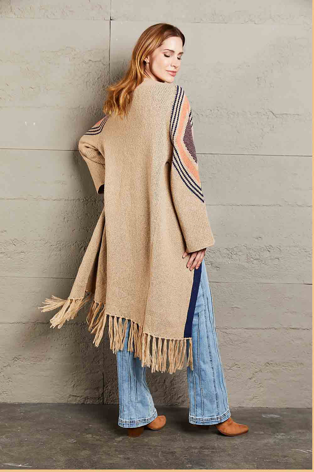 Angel Wings Fall, I'm Ready Geometric Fringe Hem Open Front Duster Cardigan