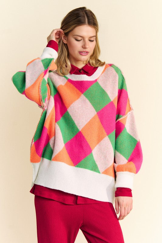 Davi & Dani Enchant Exposed Seam Color Block Dropped Shoulder Sweater