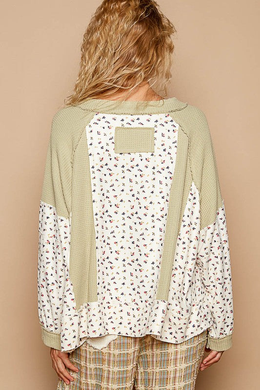 POL A Touch of Sunshine Waffle Knit Floral Notched Neck Long Sleeve Top in Sage