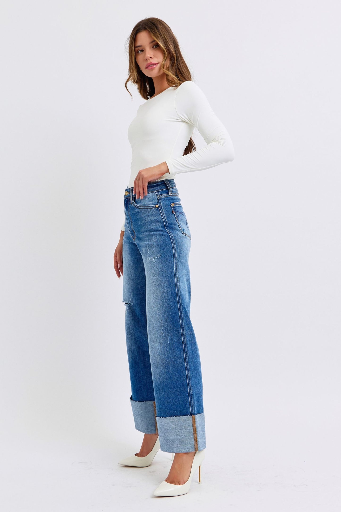 Judy Blue Rae Distressed High Waist Wide Leg Jeans