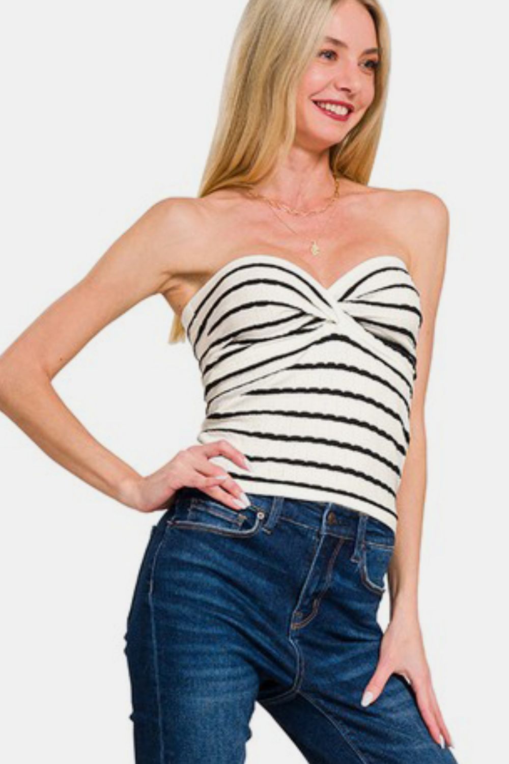 Zenana Catching Hearts Twisted Sweetheart Neck Striped Tube Top in Ivory
