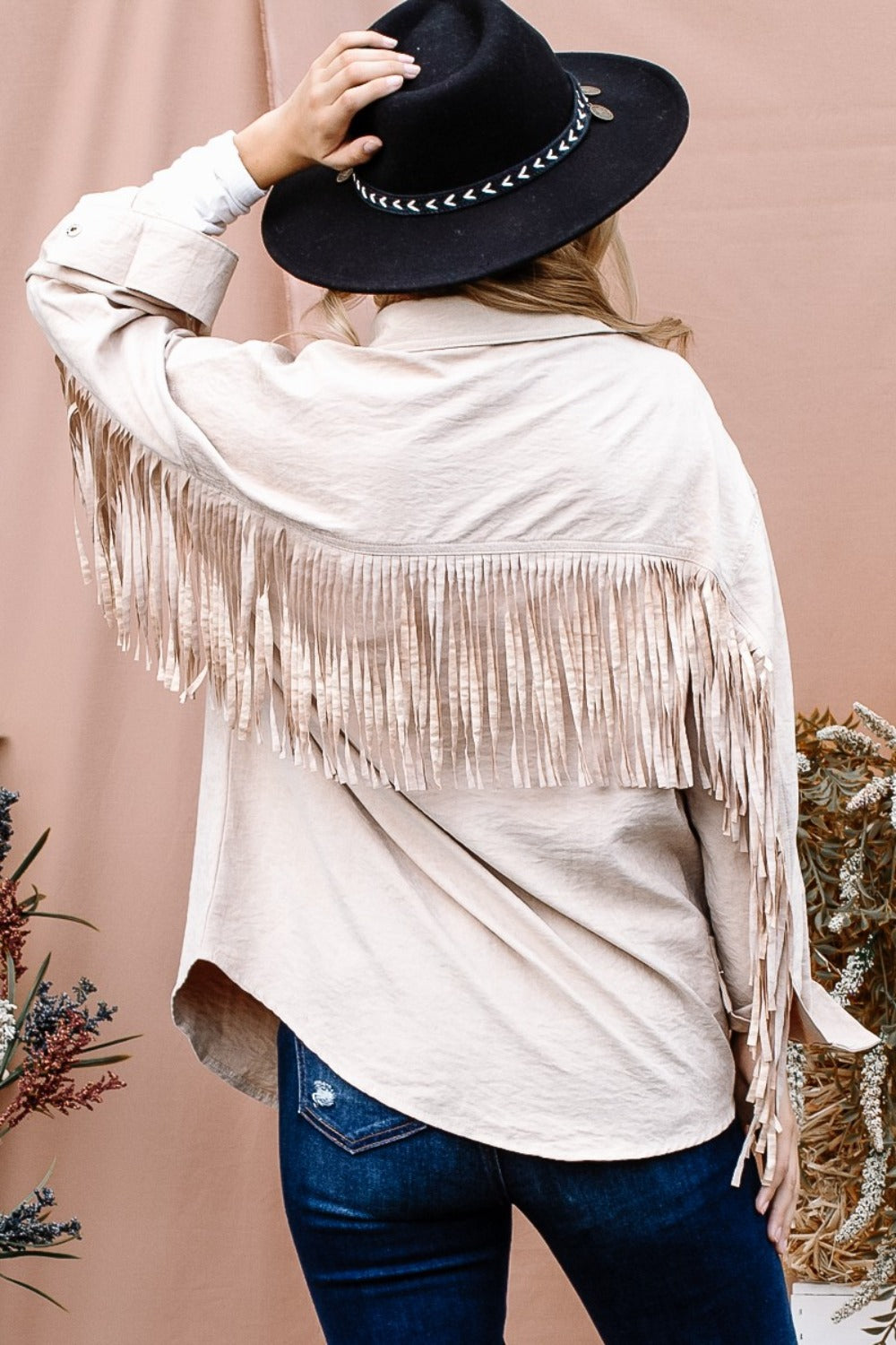 And The Why Fringed Out Fringe Back Detailed Button Down Shacket